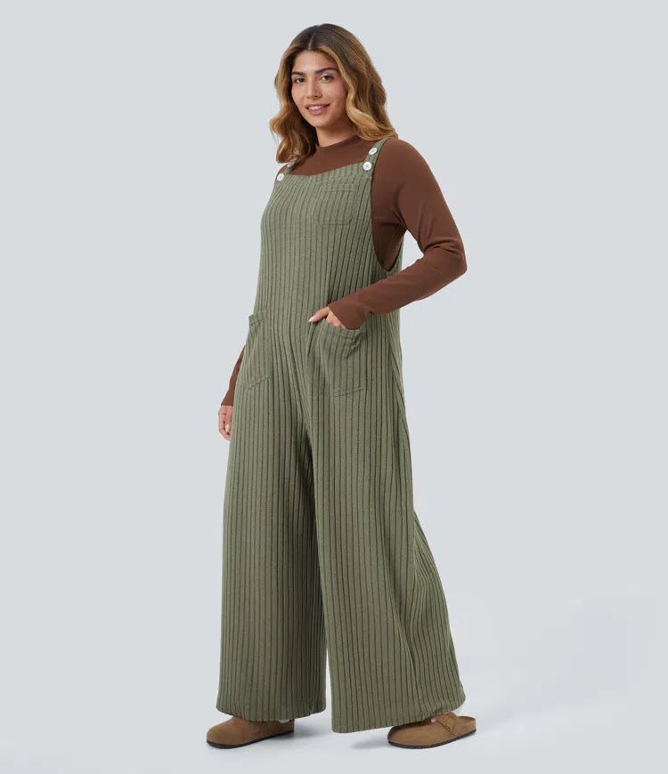 Ribbed Knit Fleece Casual Plus Size Dungarees with Pockets