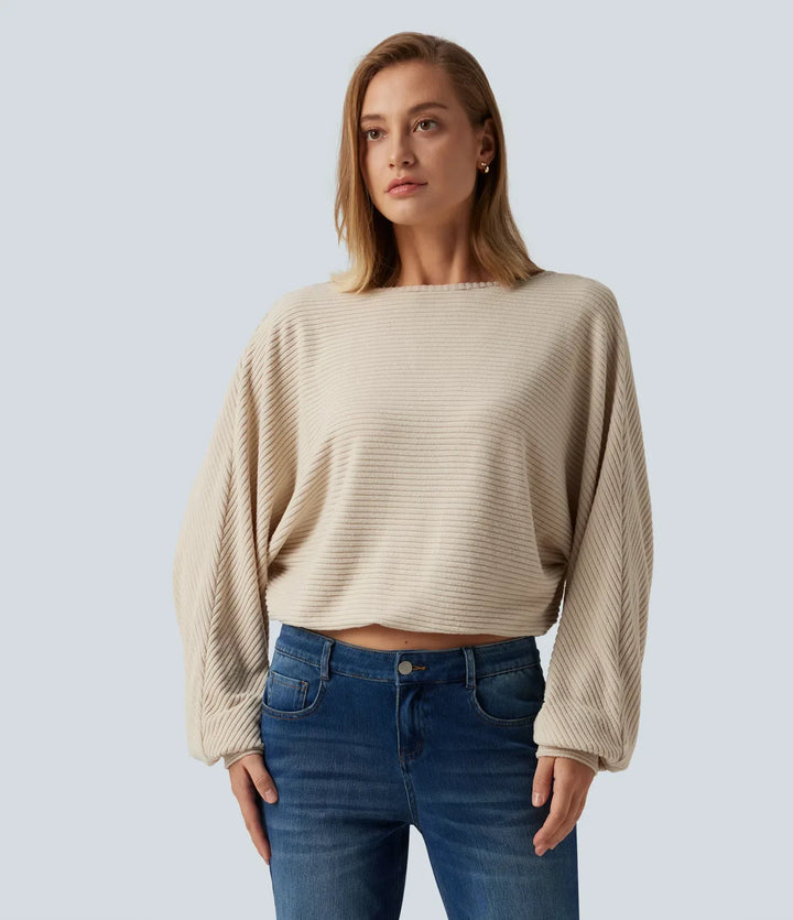 Ribbed Knit Boat Neck Long Sleeve V Back Casual Top