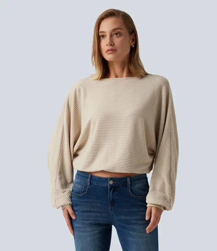 Ribbed Knit Boat Neck Long Sleeve V Back Casual Top