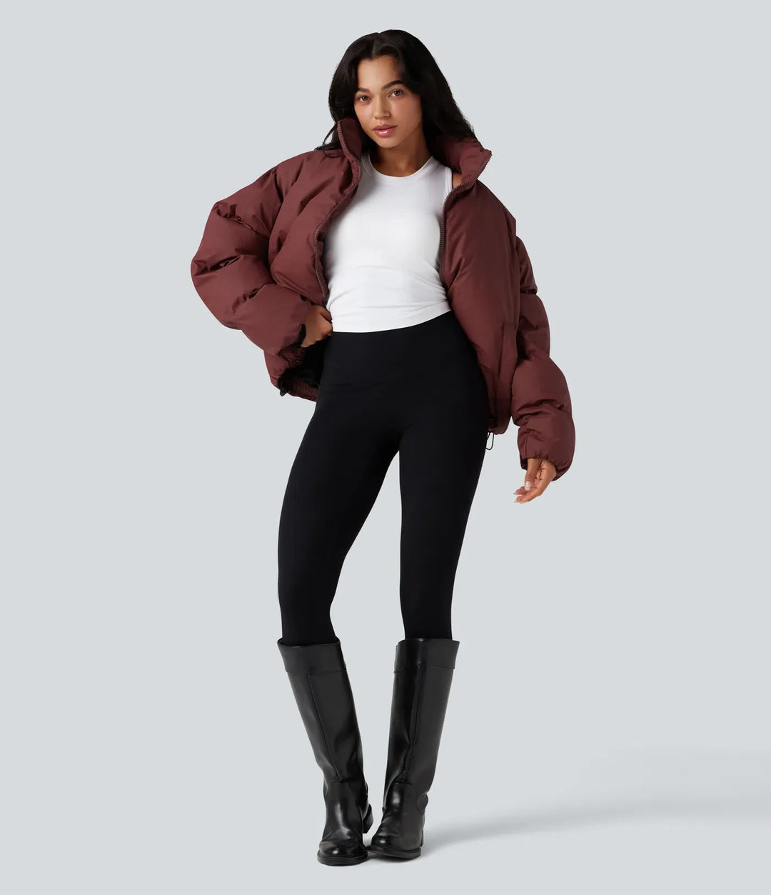 High-neck Drawstring Hem Oversize Casual Puffer Jacket with Pockets