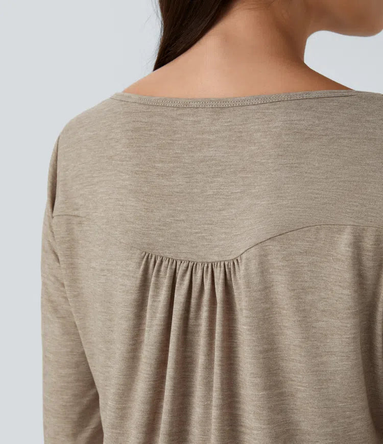 Round Neck Button Long Sleeve Curved Hem Casual Top