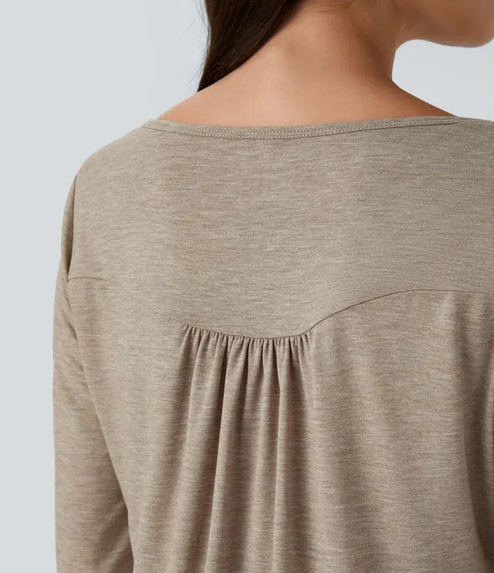 Round Neck Button Long Sleeve Curved Hem Casual Top