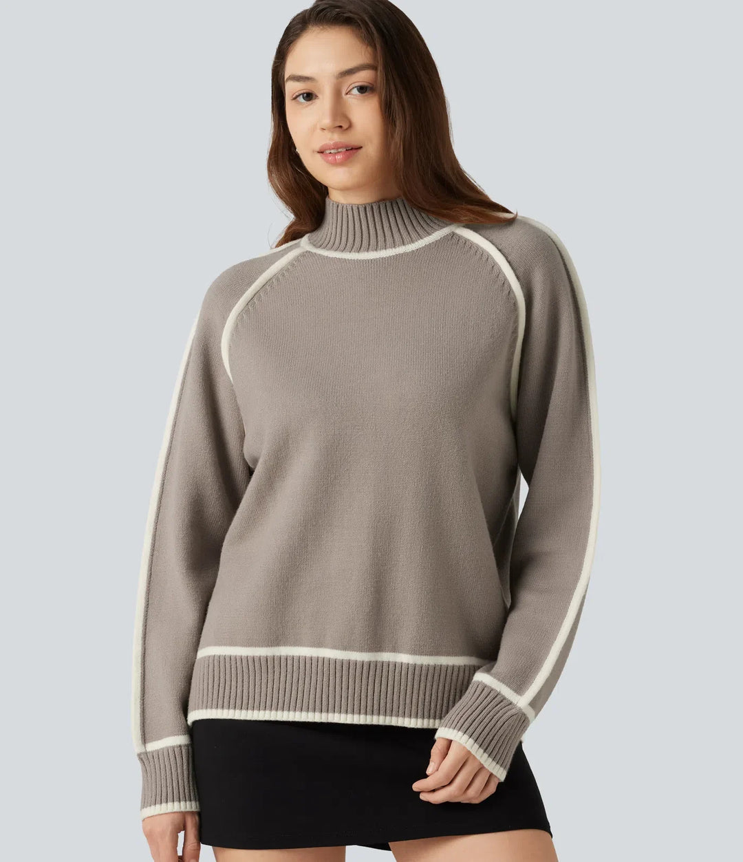 Mock Neck Raglan Long Sleeve Color Block Work Jumper