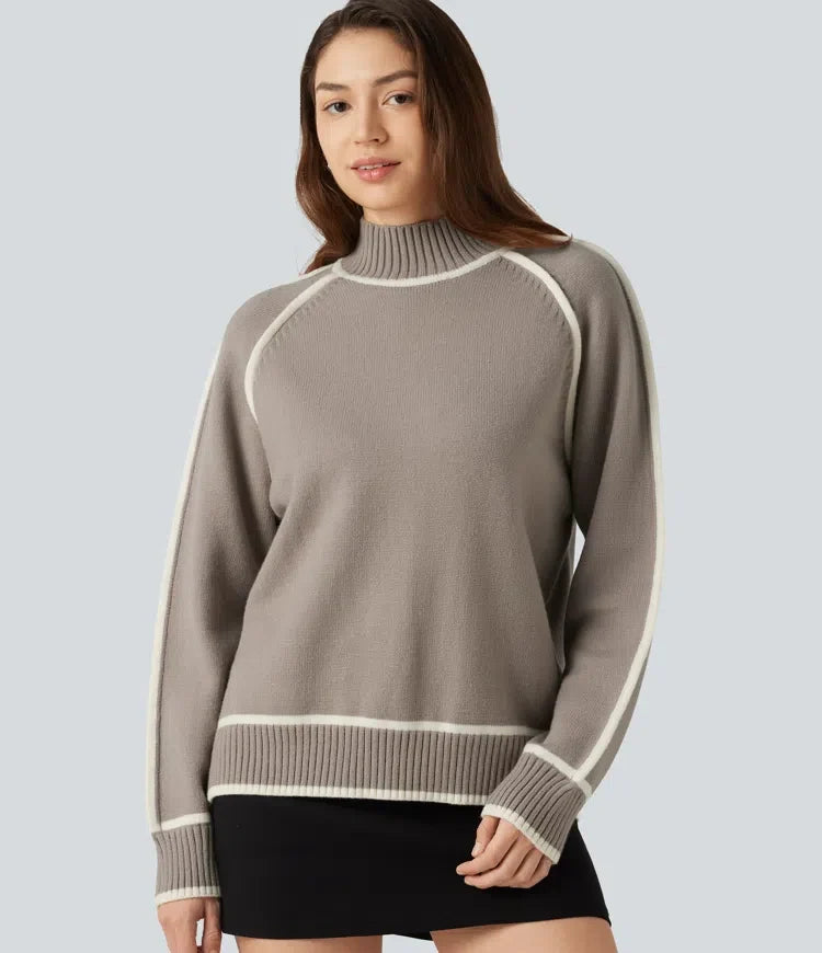 Mock Neck Raglan Long Sleeve Color Block Work Jumper