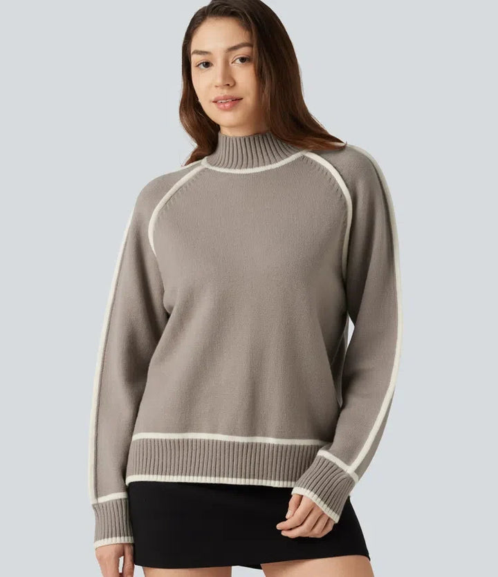 Mock Neck Raglan Long Sleeve Color Block Work Jumper