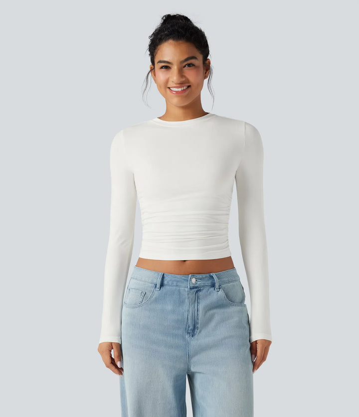 Round Neck Long Sleeve Ruched Casual Top