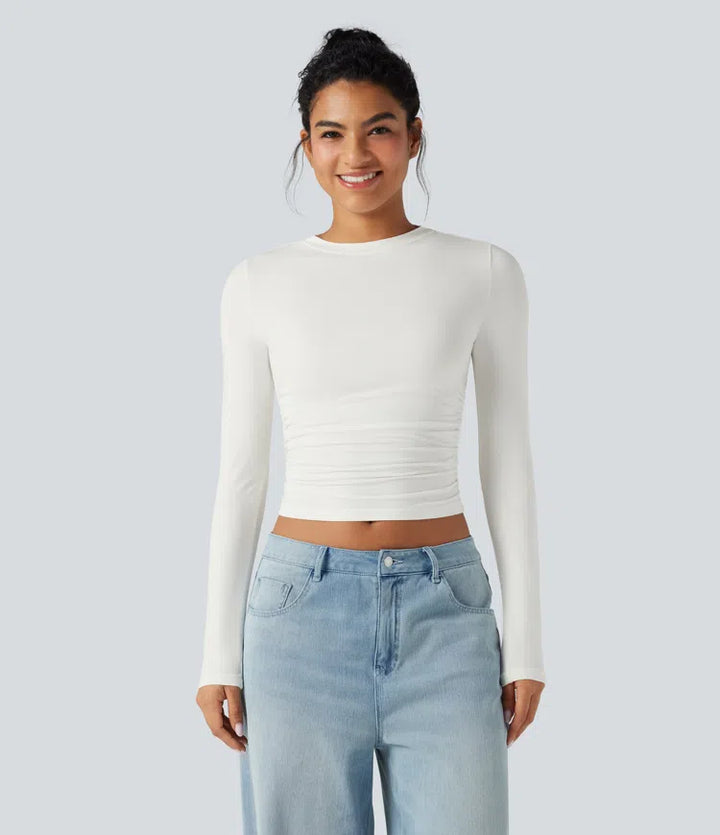Round Neck Long Sleeve Ruched Casual Top