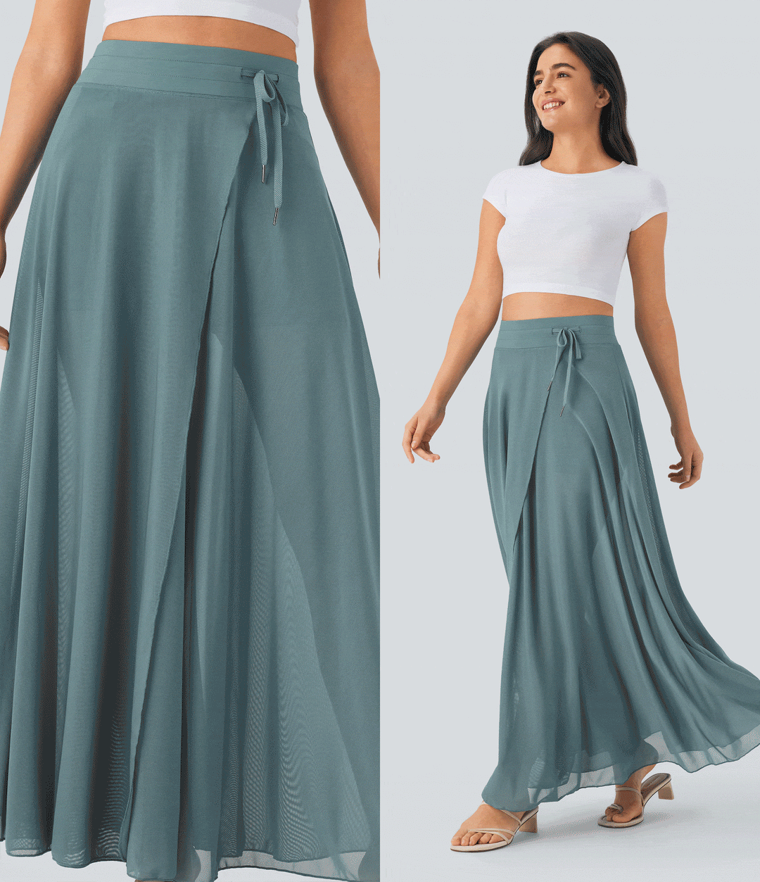 High Waisted Drawstring Contrast Mesh 2-in-1 Pocket Flowy Maxi Flare Casual Skirt