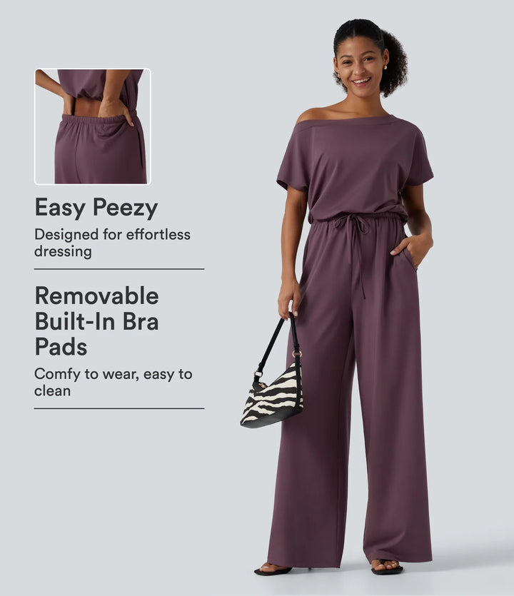 One Shoulder Drawstring Built-in Bra Casual Jumpsuit with Pockets-Easy Peezy Edition