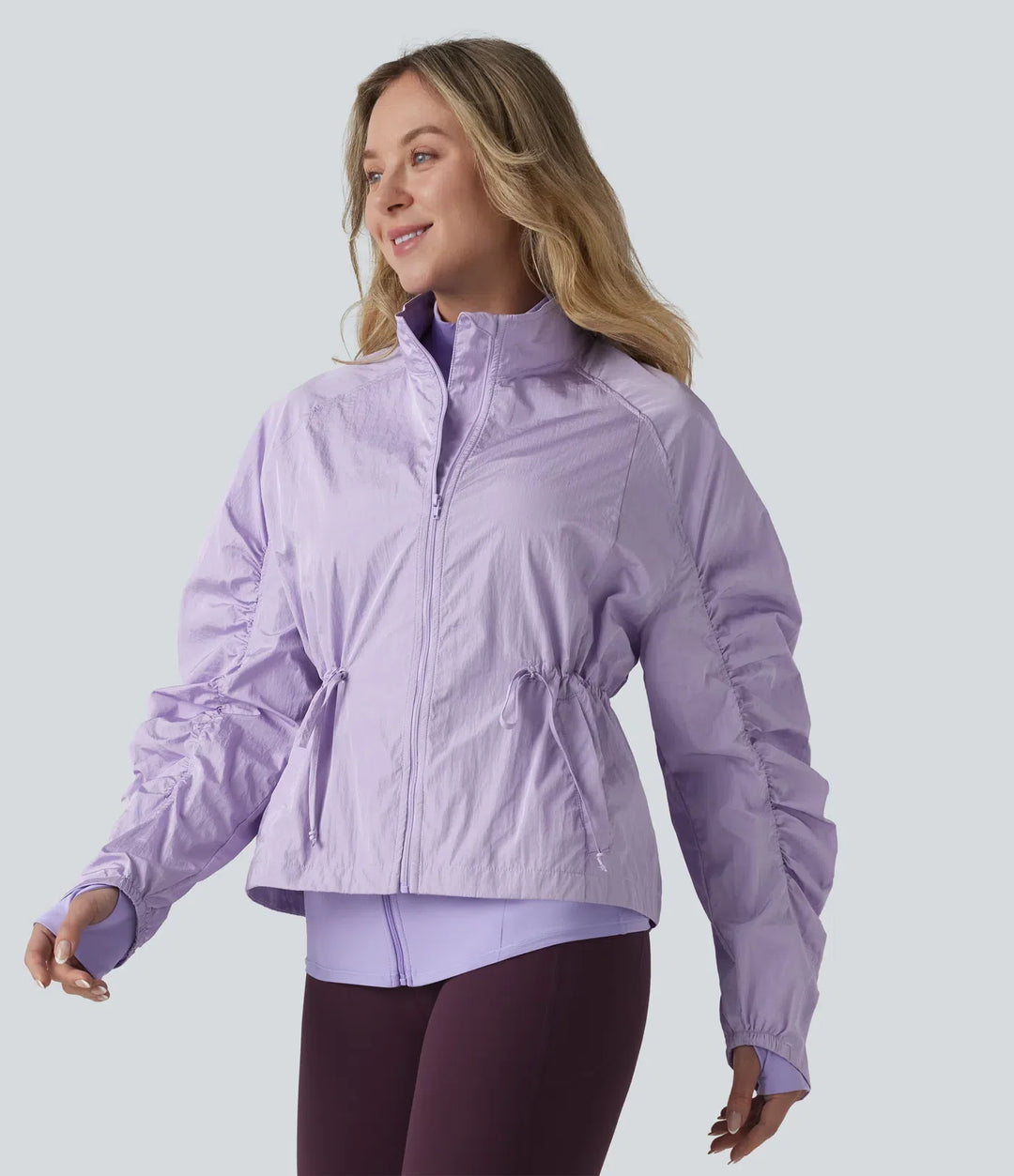 Durable Water Repellent Stand Collar Ruched Sleeve Drawstring Thumb Holes Hiking 3-in-1 Jacket with Pockets