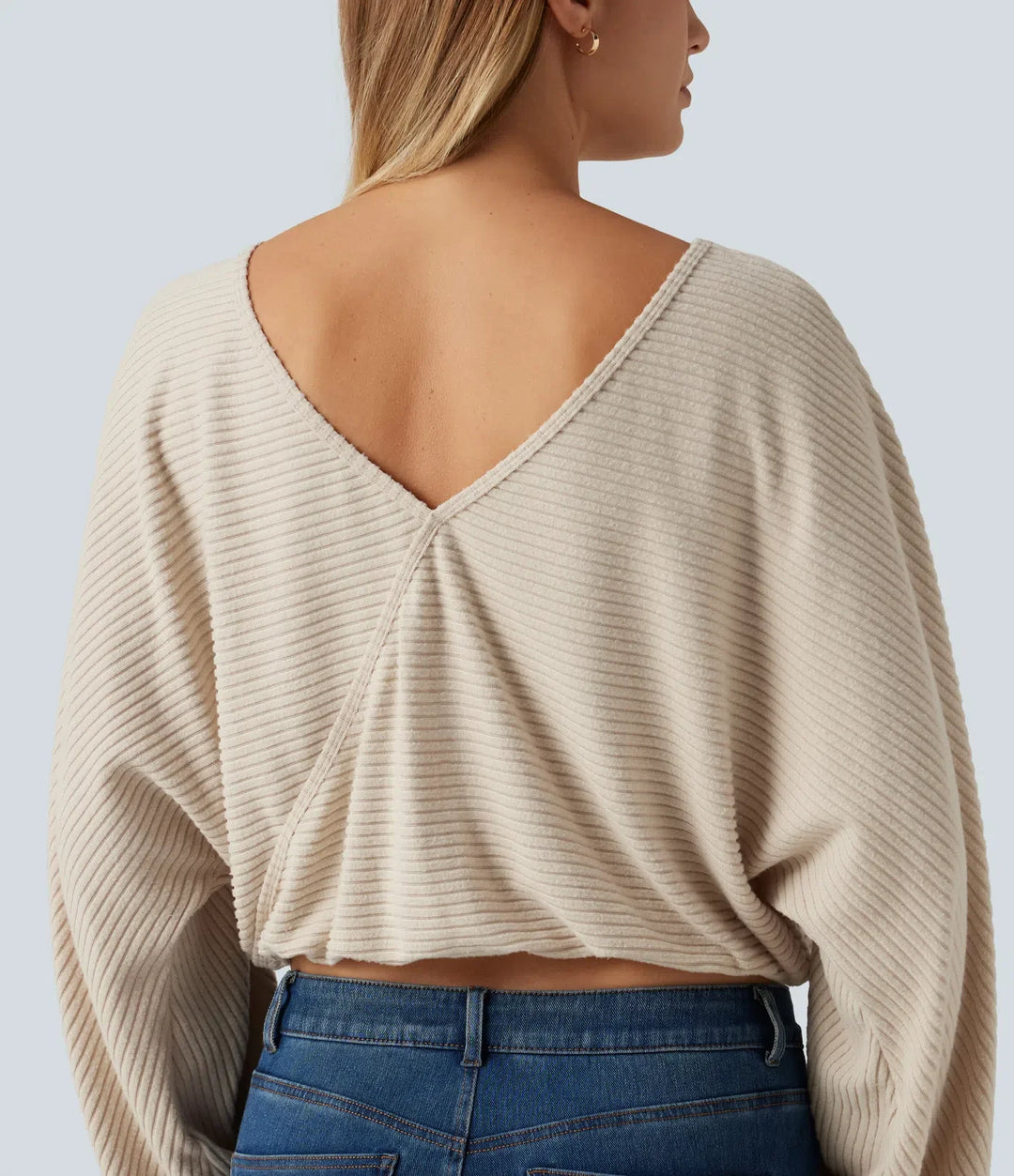 Ribbed Knit Boat Neck Long Sleeve V Back Casual Top