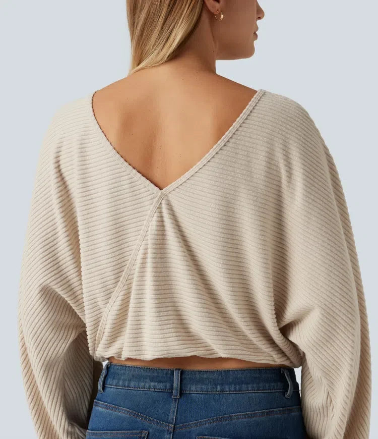 Ribbed Knit Boat Neck Long Sleeve V Back Casual Top