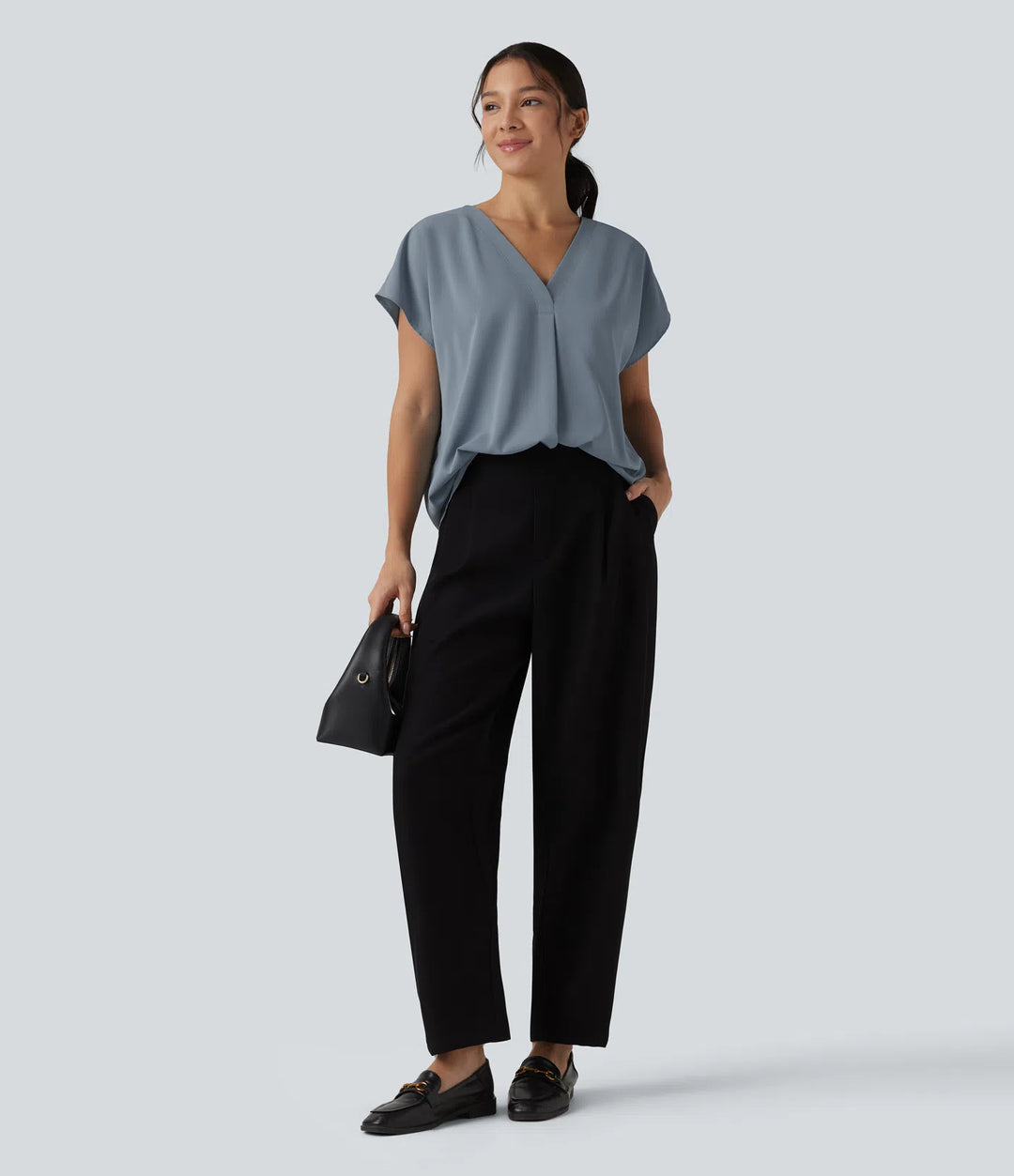 Wrinkle Recovery V-neck Short Sleeve Oversized Work Blouse