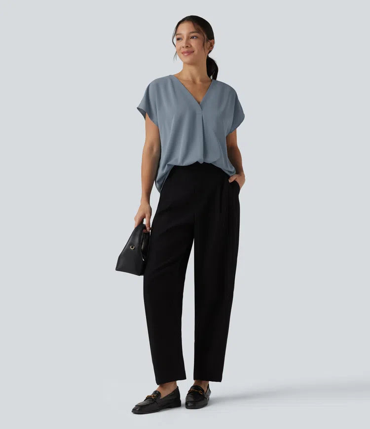 Wrinkle Recovery V-neck Short Sleeve Oversized Work Blouse