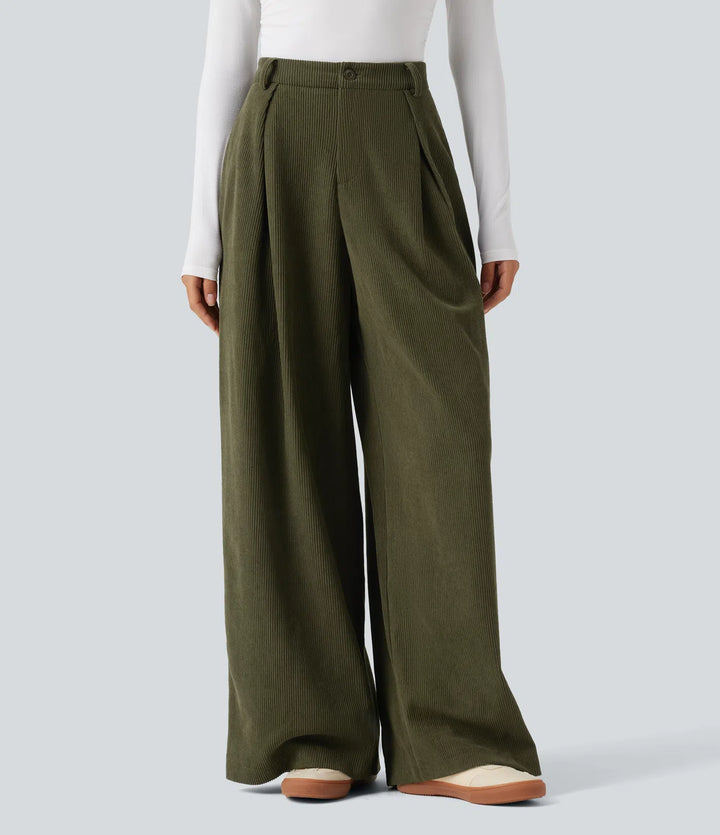 High Waisted Baggy Corduroy Casual Trousers with Pockets