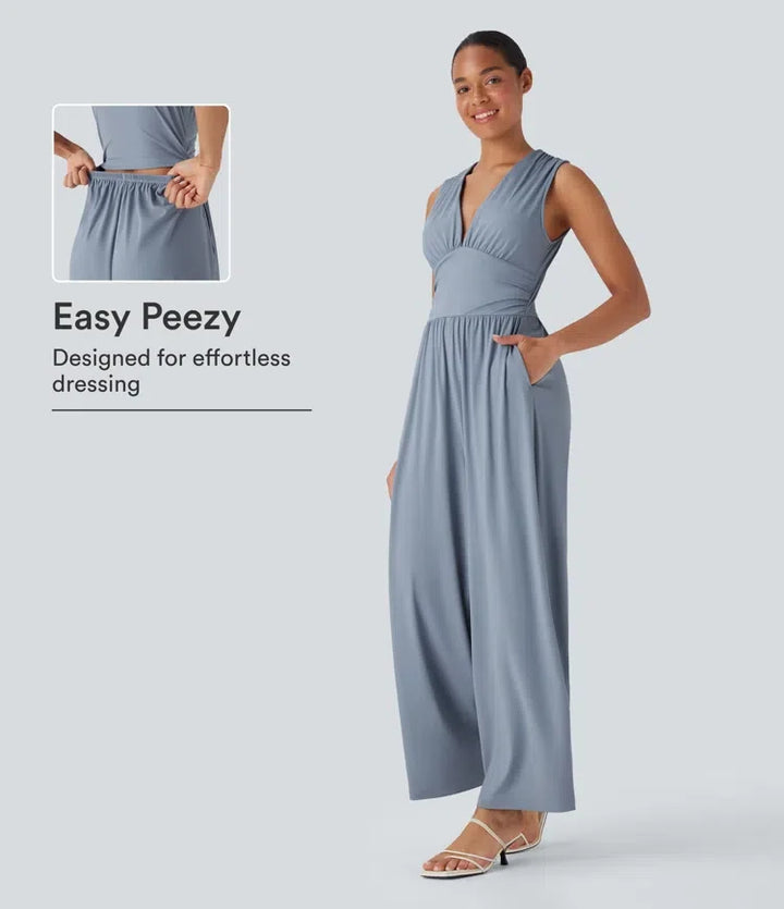 SoftlyZero Airy V Neck Sleeveless Ruched Pocket InstantCool Casual Jumpsuit-Easy Peezy