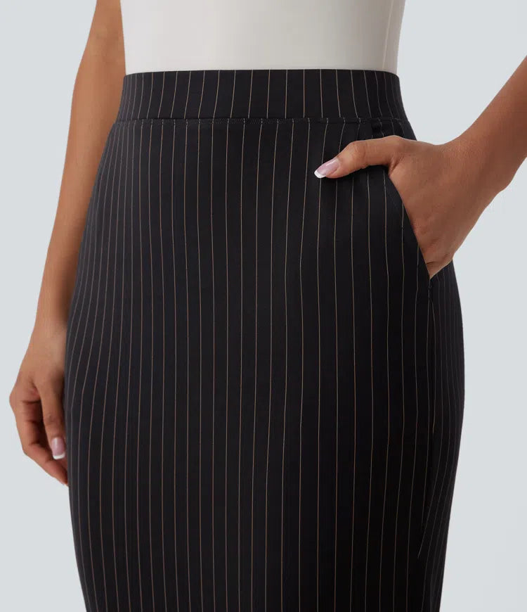 High Waisted Side Pocket Split Hem  Stripe Bodycon Work Skirt