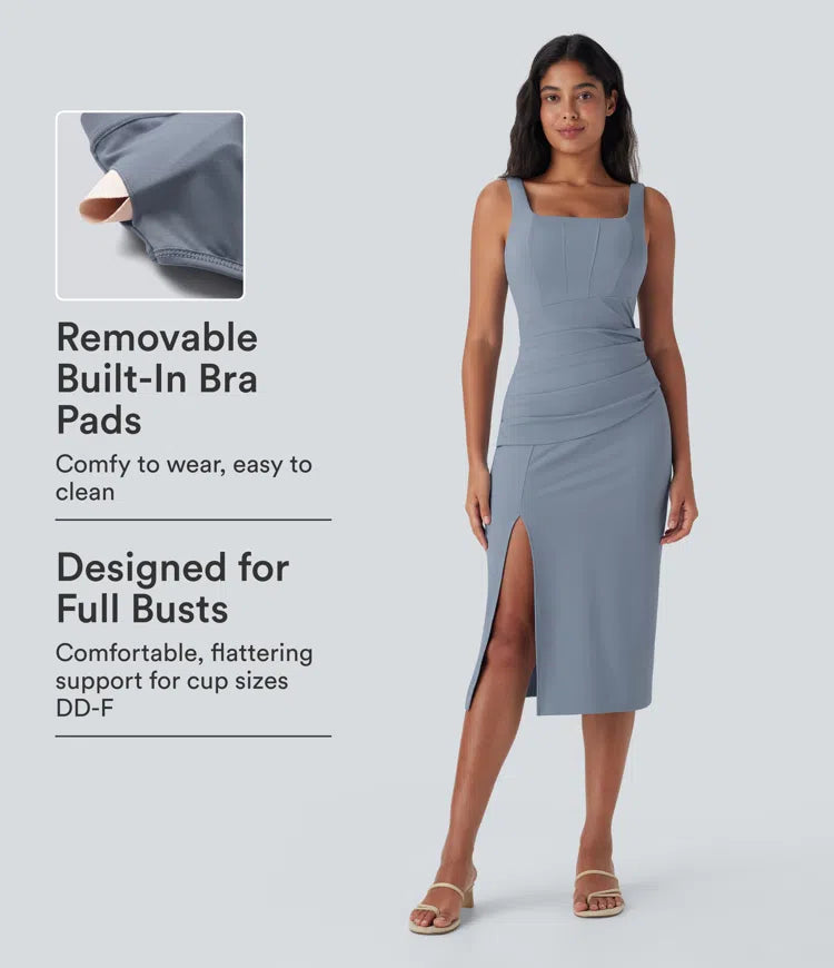 SoftlyZero Airy Square Neck Corset Ruched Bodycon Midi InstantCool Dress DD-F Cups