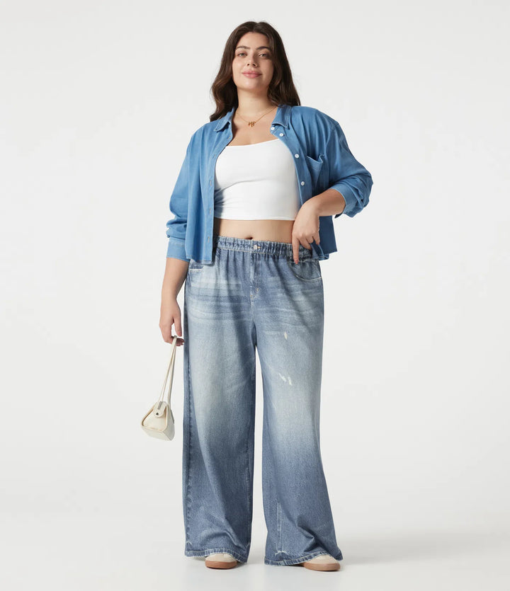 Plus Size Mid Rise Denim Print French Terry Casual Sweattrousers Jeans with Pockets