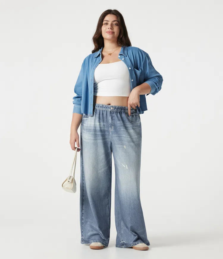 Plus Size Mid Rise Denim Print French Terry Casual Sweattrousers Jeans with Pockets