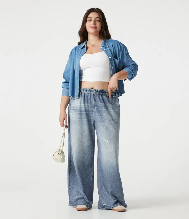 Plus Size Mid Rise Denim Print French Terry Casual Sweattrousers Jeans with Pockets