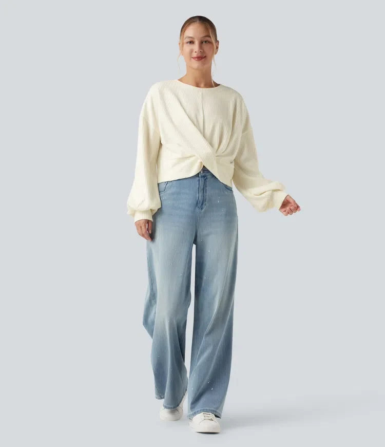 Ribbed Knit Round Neck Long Sleeve Twisted Hem Casual Sweatshirt