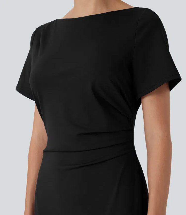 Short Sleeve Ruched Bodycon Midi Work Dress