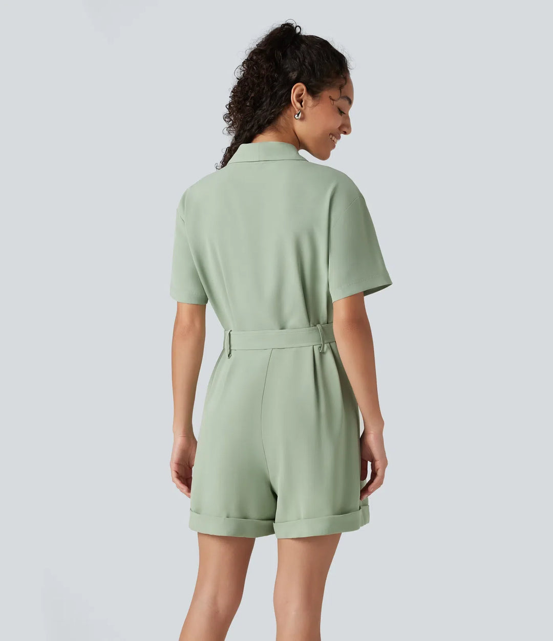 Shawl Collar Short Sleeve Belted Work Romper with Pockets