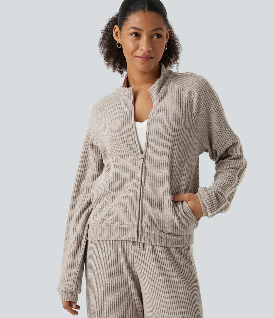 Ribbed Knit Stand Collar Side Stripe Long Sleeve Casual Track Jacket with Pockets