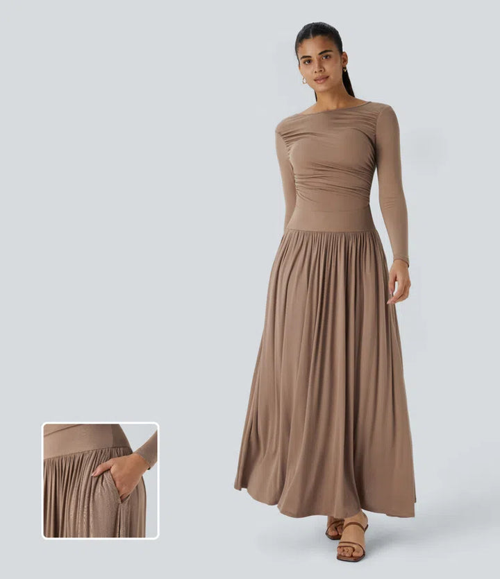 Ribbed Boat Neck Long Sleeve Ruched Side Pocket Flowy Maxi Casual Dress