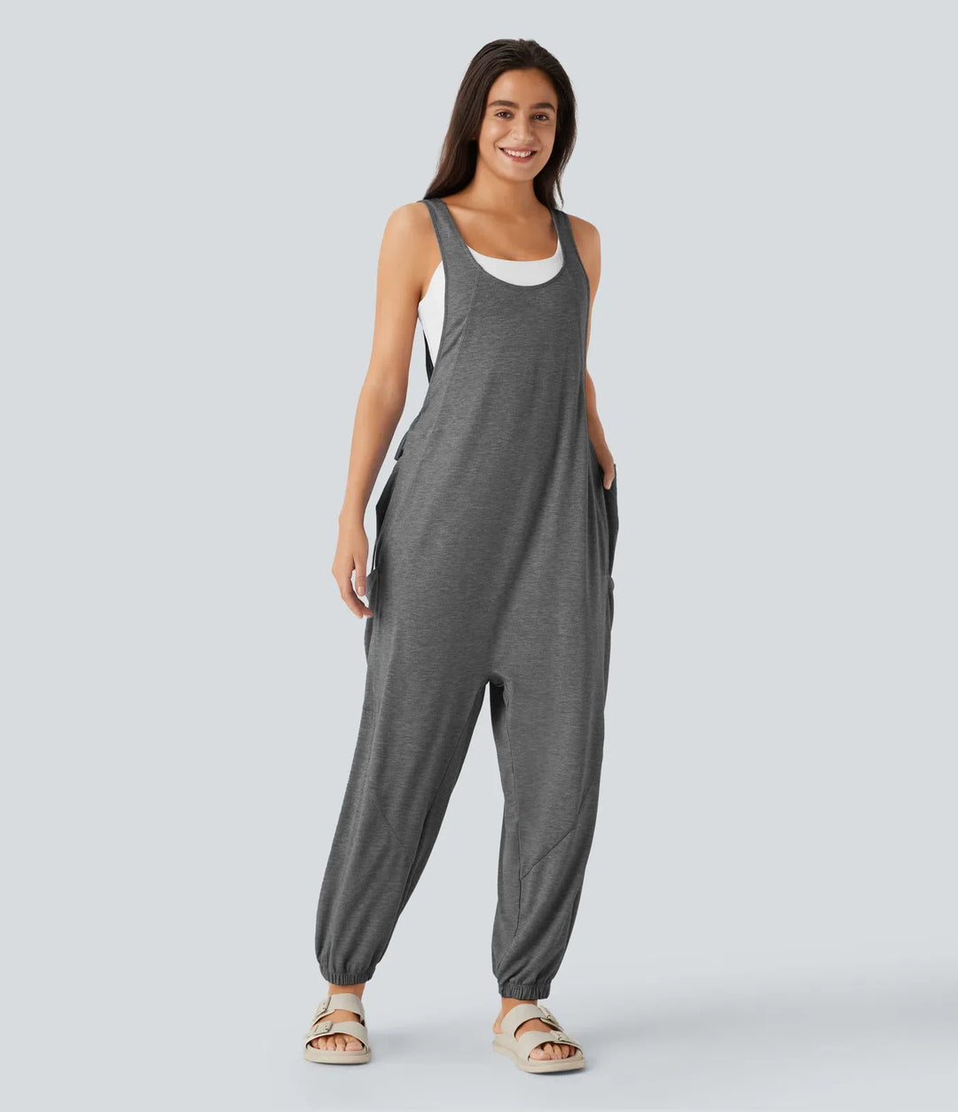 U Neck Drawstring Pockets Casual Jumpsuit