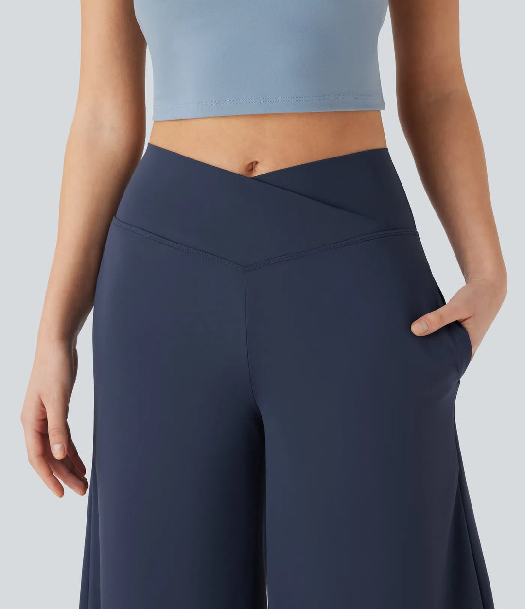 Softlyzero Airy Crossover High Waisted Wide Leg Yoga Cropped Capri Trousers with Pockets