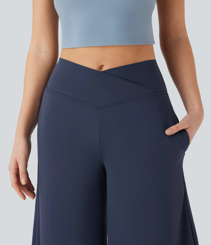 Softlyzero Airy Crossover High Waisted Wide Leg Yoga Cropped Capri Trousers with Pockets