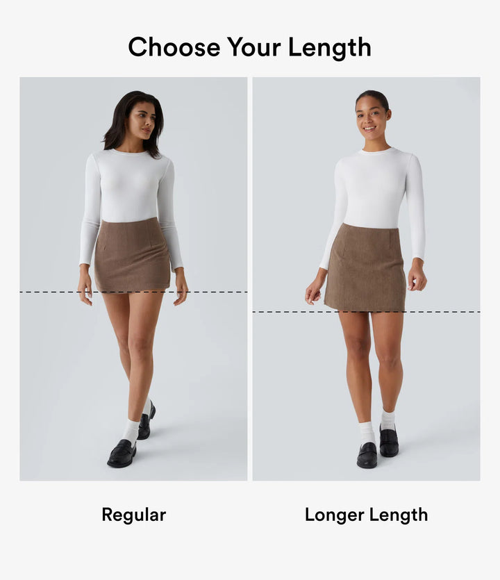 High Waisted Invisible Zipper 2-in-1 A Line Mini Corduroy Casual Skirt-Longer Length