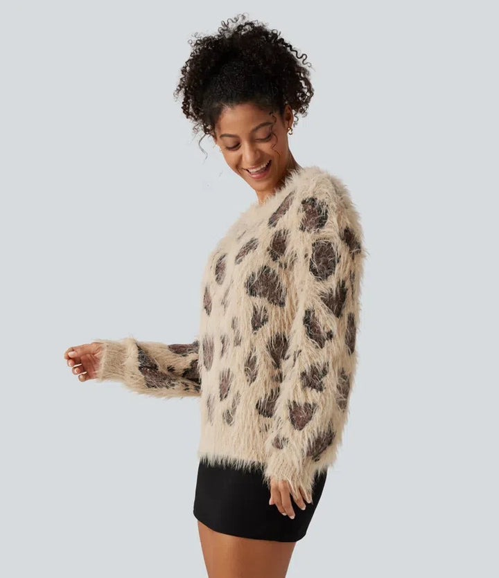 Round Neck Long Sleeve Leopard Print Casual Jumper