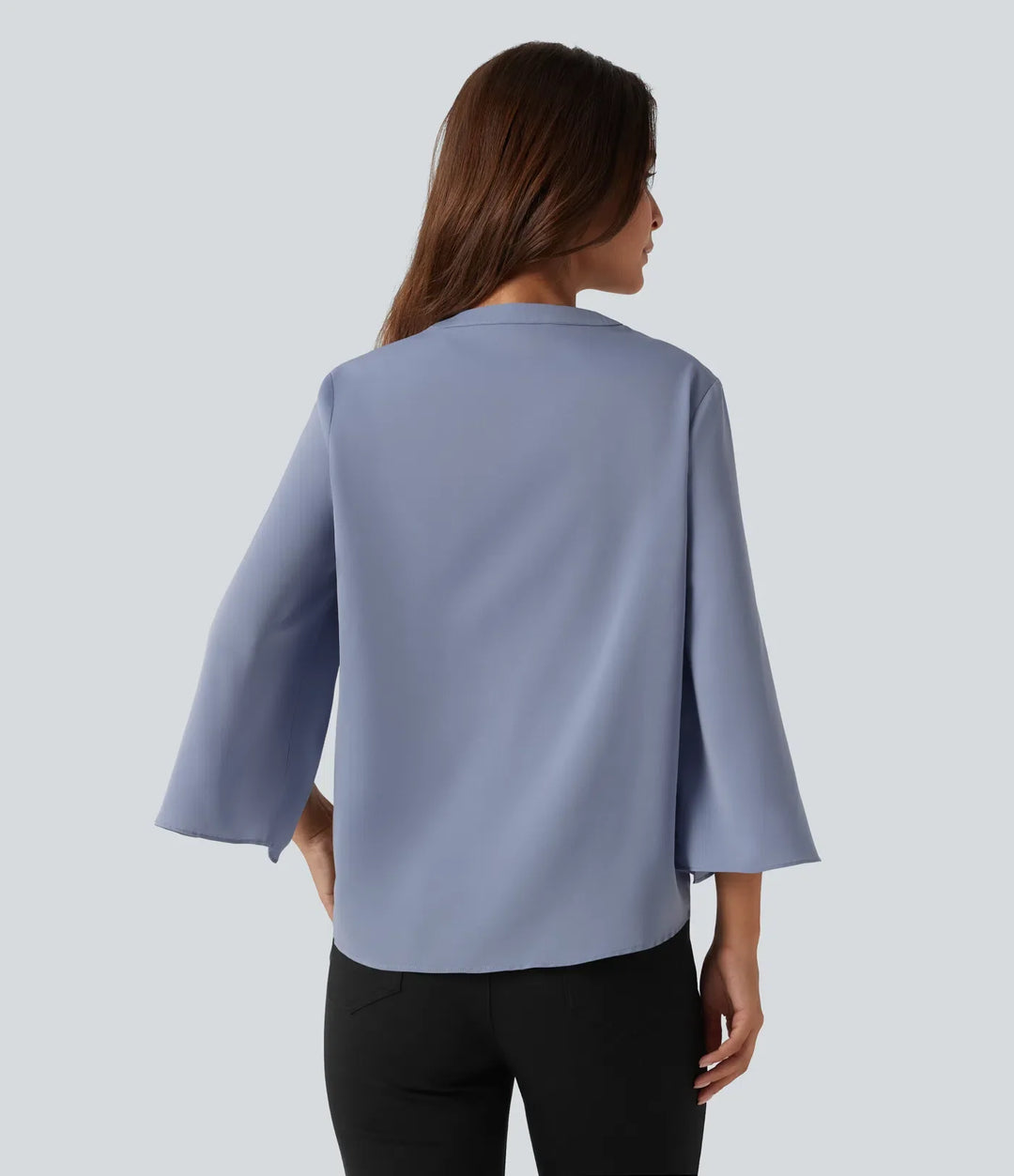 V Neck Flounce Long Sleeve Curved Hem Work Blouse