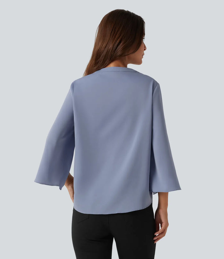 V Neck Flounce Long Sleeve Curved Hem Work Blouse