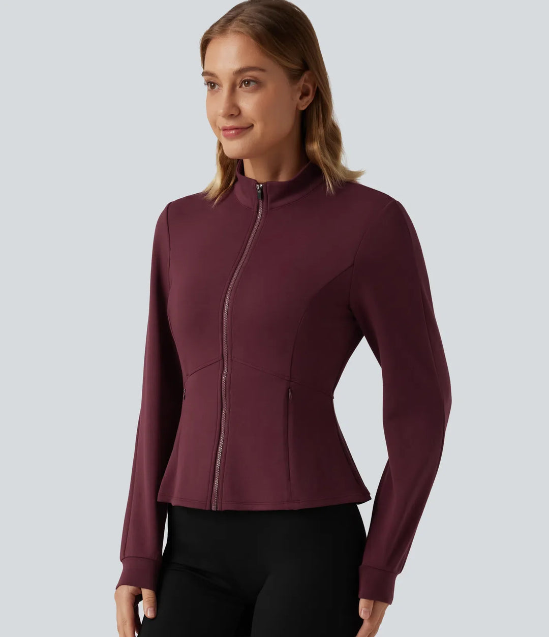 SpacerTek Stand Collar Zip Fly Long Sleeve Ruffle Hem Yoga Jacket with Pockets