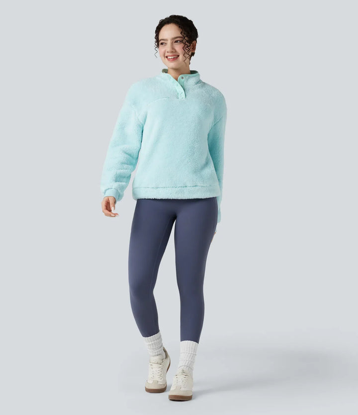 Stand Collar Button Casual Fleece Sweatshirt