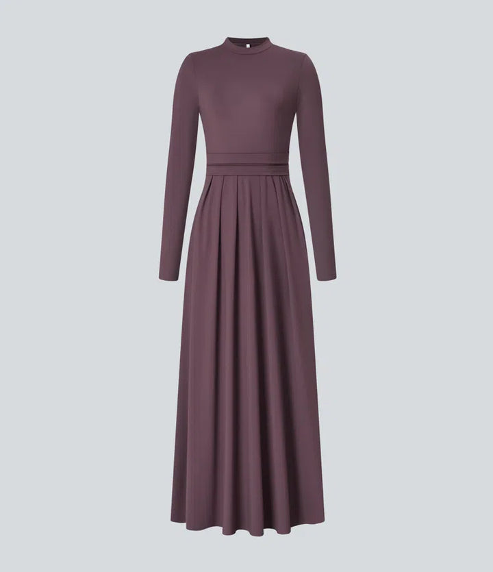 Mock-neck Long Sleeve Pocket Flare Maxi Casual Dress