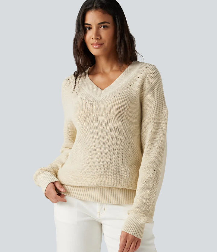 V Neck Dropped Shoulder Long Sleeve Cut Out Casual Jumper