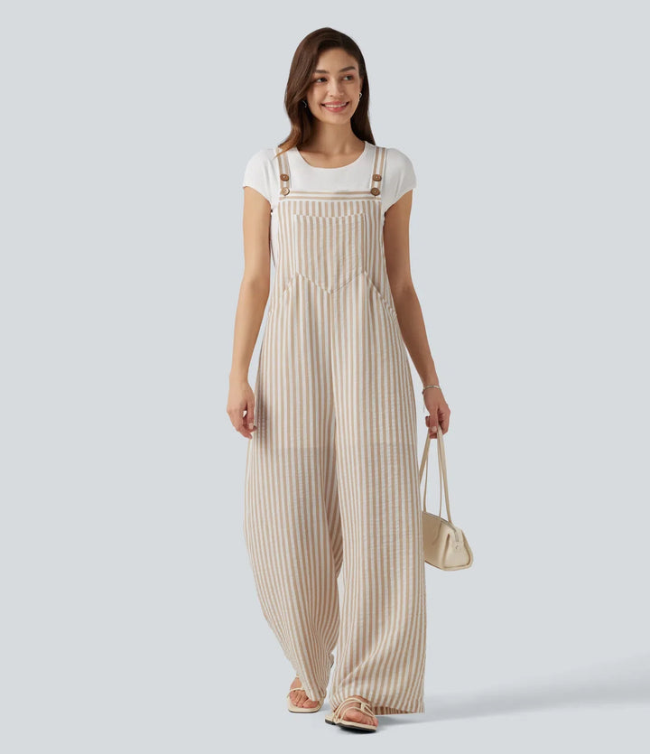 Stripe Casual Linen-Feel Overalls with Pockets
