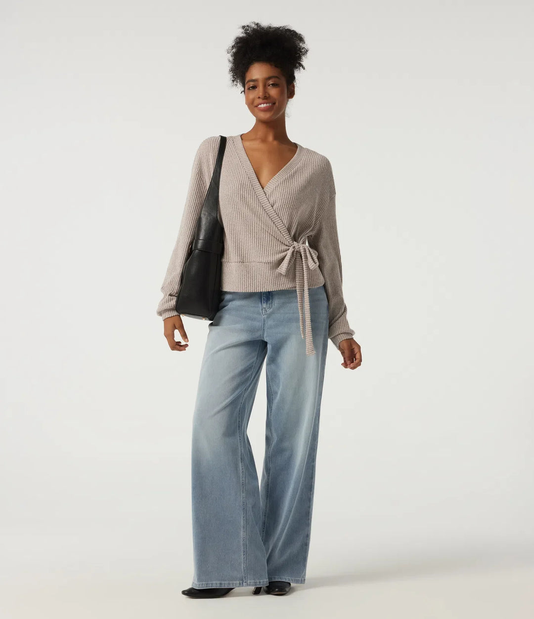 Ribbed Knit V Neck Long Sleeve Tie Side Wrapped Casual Top