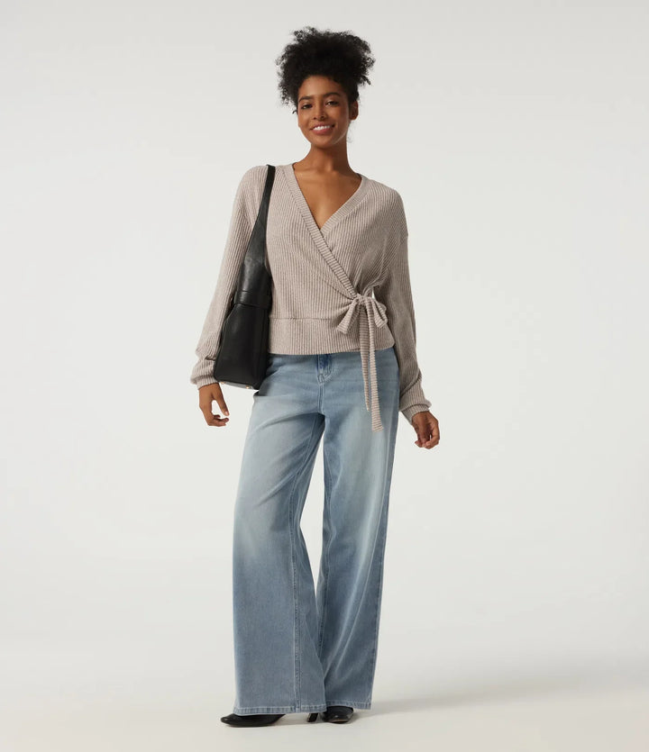 Ribbed Knit V Neck Long Sleeve Tie Side Wrapped Casual Top