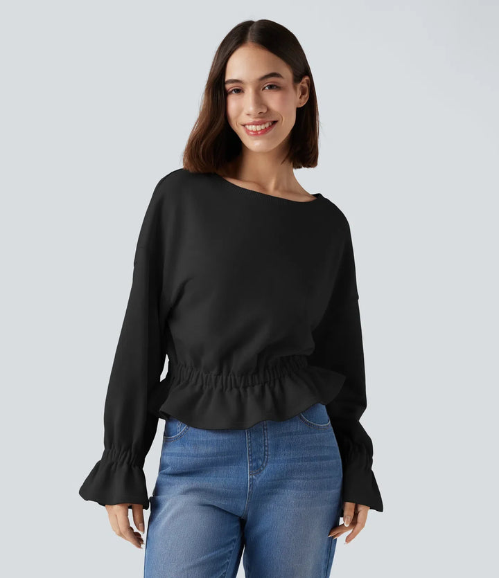 Round Neck Long Sleeve Ruffle Hem Casual Cotton Sweatshirt