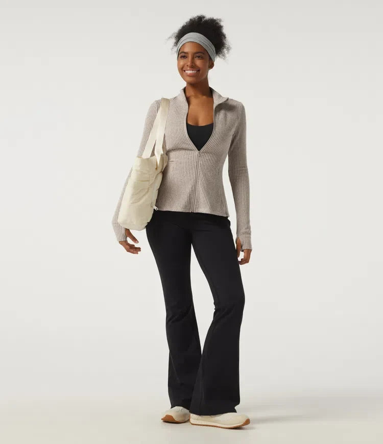 Ribbed Knit Mock Neck Long Sleeve Yoga Track Jacket with Pockets