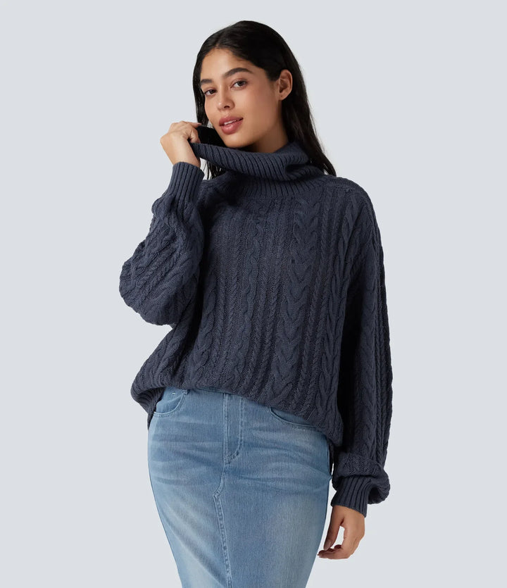 High Neck Long Sleeve Cable Knit Casual Jumper