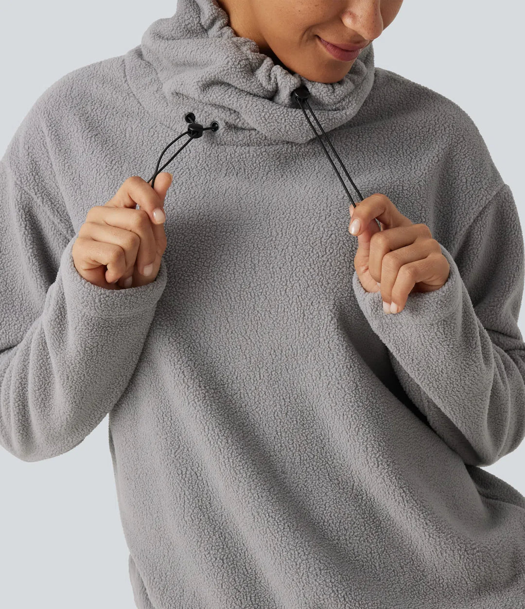 High Neck Drawstring Long Sleeve Gathered Hem Fleece Casual Sweatshirt