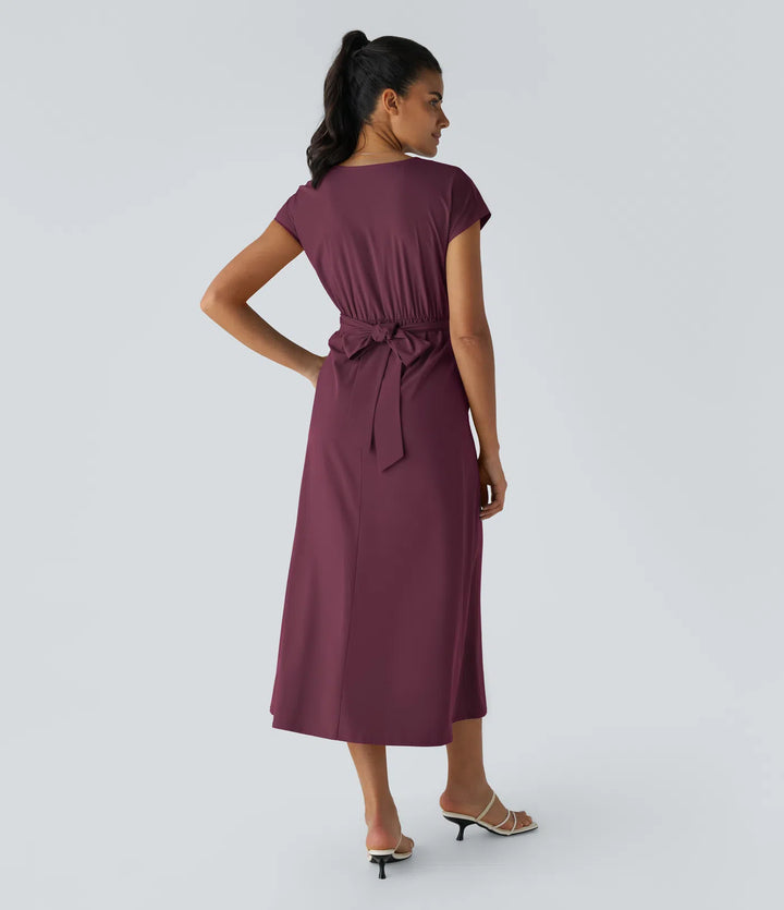 Breezeful V Neck Short Sleeve Pocket Tie Back Quick Dry Midi Casual Dress-Longer Length