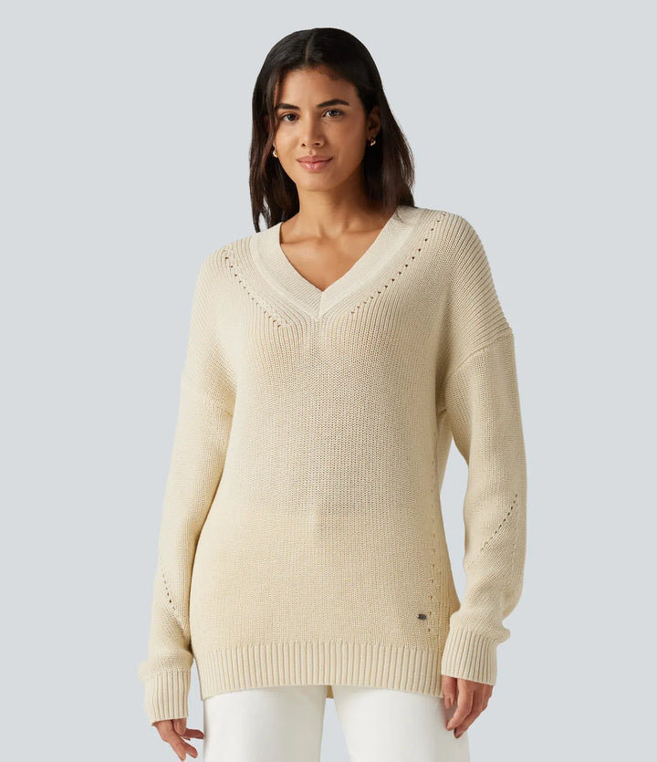 V Neck Dropped Shoulder Long Sleeve Cut Out Casual Jumper